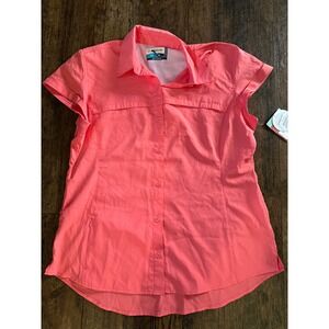Magellan Outdoors Fish Gear Women XL Coral Pink Short Sleeve Button Up Shirt